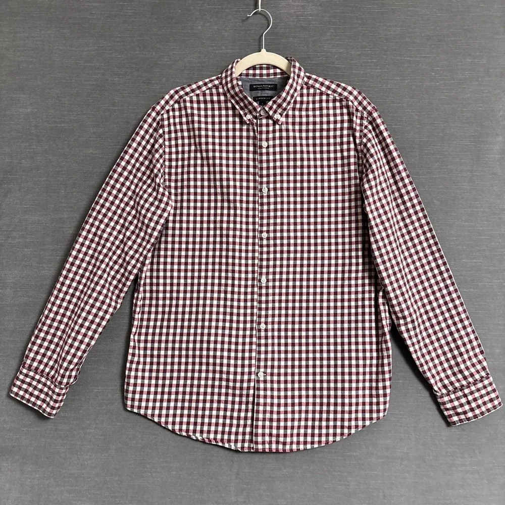 Banana Republic Shirt L Camden‎ Fit Red Gray Gingham Plaid Luxe Flannel Button